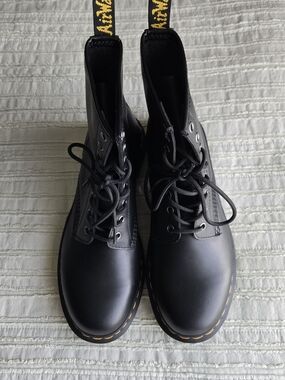 Dr. Martens Black Lace-Up Leather Boots with Yellow Stitching